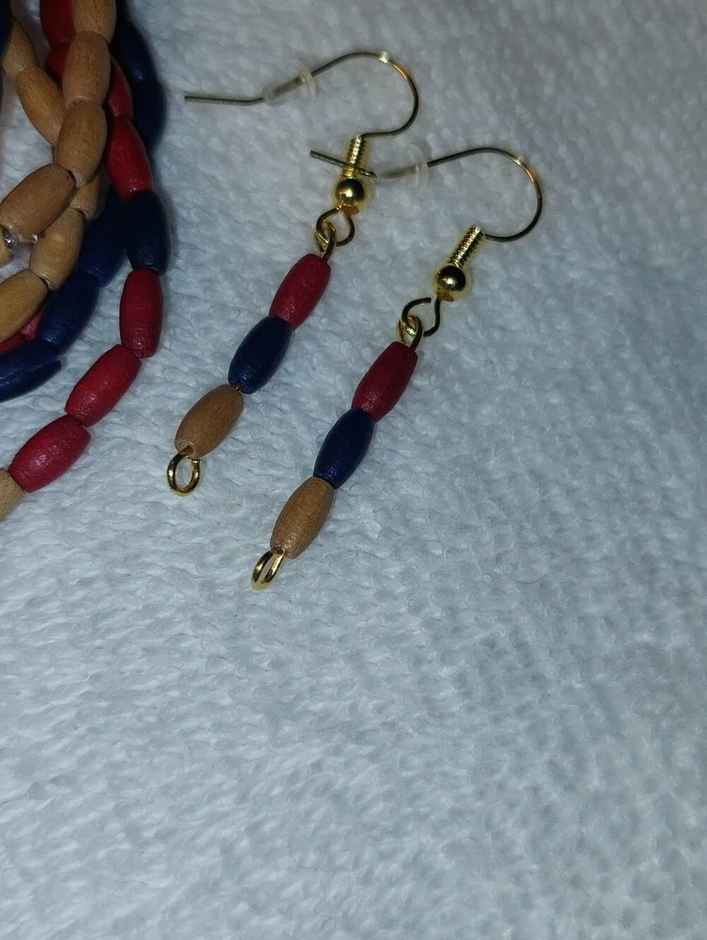8 Handcrafted Navy, Red & Tan Wood Bead Stretch Bracelets with Matching Earrings
